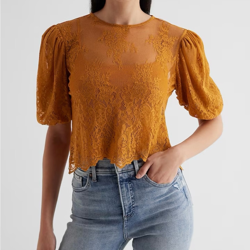 Express Skimming Lace Puff Sleeve Boxy Tee